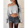 imageWomens Asymmetrical Off Shoulder Crop Tops Long Sleeve Ribbed Knit Lettuce Trim T ShirtsLight Grey