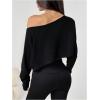 imageWomens Asymmetrical Off Shoulder Crop Tops Long Sleeve Ribbed Knit Lettuce Trim T ShirtsPure Black