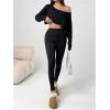 imageWomens Asymmetrical Off Shoulder Crop Tops Long Sleeve Ribbed Knit Lettuce Trim T ShirtsPure Black
