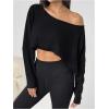 imageWomens Asymmetrical Off Shoulder Crop Tops Long Sleeve Ribbed Knit Lettuce Trim T ShirtsPure Black