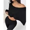imageWomens Asymmetrical Off Shoulder Crop Tops Long Sleeve Ribbed Knit Lettuce Trim T ShirtsPure Black