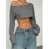 imageWomens Asymmetrical Off Shoulder Crop Tops Long Sleeve Ribbed Knit Lettuce Trim T ShirtsSolid Grey