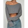imageWomens Asymmetrical Off Shoulder Crop Tops Long Sleeve Ribbed Knit Lettuce Trim T ShirtsSolid Grey