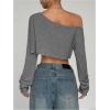 imageWomens Asymmetrical Off Shoulder Crop Tops Long Sleeve Ribbed Knit Lettuce Trim T ShirtsSolid Grey