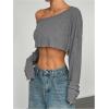 imageWomens Asymmetrical Off Shoulder Crop Tops Long Sleeve Ribbed Knit Lettuce Trim T ShirtsSolid Grey