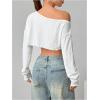 imageWomens Asymmetrical Off Shoulder Crop Tops Long Sleeve Ribbed Knit Lettuce Trim T ShirtsWhite