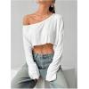 imageWomens Asymmetrical Off Shoulder Crop Tops Long Sleeve Ribbed Knit Lettuce Trim T ShirtsWhite