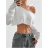 imageWomens Asymmetrical Off Shoulder Crop Tops Long Sleeve Ribbed Knit Lettuce Trim T ShirtsWhite