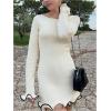 imageWomens Boat Neck Ruffle Wave Edge Bodycon Pencil Dress Long Sleeve Party Night Out Mini DressesApricot