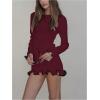 imageWomens Boat Neck Ruffle Wave Edge Bodycon Pencil Dress Long Sleeve Party Night Out Mini DressesBurgundy