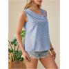 imageWomens Button Asymmetrical V Neck Striped Print Blouses Casual Sleeveless Tank Top Summer Shirt TopsBlue