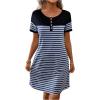 imageWomens Casual Summer Dresses 2025 Short Sleeve Crewneck Striped Button Front Mini Tshirt Dress with PocketsDark Blue