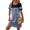 imageWomens Casual Summer Dresses 2025 Short Sleeve Crewneck Striped Button Front Mini Tshirt Dress with PocketsDark Blue