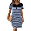 imageWomens Casual Summer Dresses 2025 Short Sleeve Crewneck Striped Button Front Mini Tshirt Dress with PocketsDark Blue