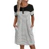 imageWomens Casual Summer Dresses 2025 Short Sleeve Crewneck Striped Button Front Mini Tshirt Dress with PocketsWhite