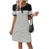 imageWomens Casual Summer Dresses 2025 Short Sleeve Crewneck Striped Button Front Mini Tshirt Dress with PocketsWhite