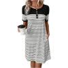 imageWomens Casual Summer Dresses 2025 Short Sleeve Crewneck Striped Button Front Mini Tshirt Dress with PocketsWhite