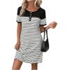 imageWomens Casual Summer Dresses 2025 Short Sleeve Crewneck Striped Button Front Mini Tshirt Dress with PocketsWhite