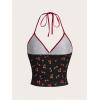 imageWomens Cherry Print Halter Camisole Tops Backless Slim Fit Crop Tops Coquette Streetwear Going Out Cami TopsBlack