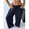 imageWomens Elastic Drawstring Waist Wide Leg Pants Loose Fit Sheer Cover Up Beach Pants Lounge with PocketDeep Blue