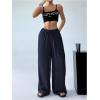 imageWomens Elastic Drawstring Waist Wide Leg Pants Loose Fit Sheer Cover Up Beach Pants Lounge with PocketDeep Blue