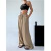 imageWomens Elastic Drawstring Waist Wide Leg Pants Loose Fit Sheer Cover Up Beach Pants Lounge with PocketKhaki