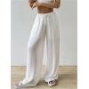 imageWomens Elastic Drawstring Waist Wide Leg Pants Loose Fit Sheer Cover Up Beach Pants Lounge with PocketWhite