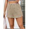 imageWomens Elastic High Waisted Track Shorts Casual Wide Leg Textured Drawstring Mini ShortsDeep Khaki