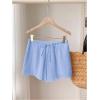 imageWomens Elastic High Waisted Track Shorts Casual Wide Leg Textured Drawstring Mini ShortsLight Blue