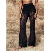 imageWomens Floral Lace Sheer Mesh Flare Pants Elastic High Waisted Long TrousersBlack