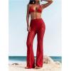 imageWomens Floral Lace Sheer Mesh Flare Pants Elastic High Waisted Long TrousersRed