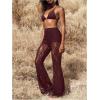 imageWomens Floral Lace Sheer Mesh Flare Pants Elastic High Waisted Long TrousersRedwood