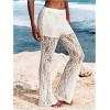 imageWomens Floral Lace Sheer Mesh Flare Pants Elastic High Waisted Long TrousersWhite