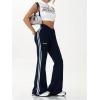 imageWomens High Waist V Crossover Flare Pants Letter Striped Bell Bottoms Workout Yoga LeggingsDeep Blue