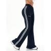 imageWomens High Waist V Crossover Flare Pants Letter Striped Bell Bottoms Workout Yoga LeggingsDeep Blue