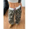 imageWomens Letter Leopard Print Straight Leg Pants Elastic Waist Y2K Trousers Bottoms with PocketsArmy Green