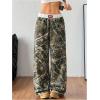 imageWomens Letter Leopard Print Straight Leg Pants Elastic Waist Y2K Trousers Bottoms with PocketsArmy Green