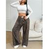 imageWomens Letter Leopard Print Straight Leg Pants Elastic Waist Y2K Trousers Bottoms with PocketsBrown