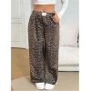 imageWomens Letter Leopard Print Straight Leg Pants Elastic Waist Y2K Trousers Bottoms with PocketsBrown