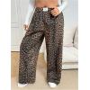 imageWomens Letter Leopard Print Straight Leg Pants Elastic Waist Y2K Trousers Bottoms with PocketsBrown