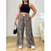 imageWomens Letter Leopard Print Straight Leg Pants Elastic Waist Y2K Trousers Bottoms with PocketsDeep Brown