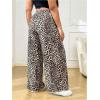 imageWomens Letter Leopard Print Straight Leg Pants Elastic Waist Y2K Trousers Bottoms with PocketsDeep Brown