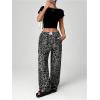 imageWomens Letter Leopard Print Straight Leg Pants Elastic Waist Y2K Trousers Bottoms with PocketsGrey