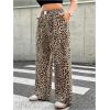 imageWomens Letter Leopard Print Straight Leg Pants Elastic Waist Y2K Trousers Bottoms with PocketsLight Brown