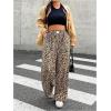 imageWomens Letter Leopard Print Straight Leg Pants Elastic Waist Y2K Trousers Bottoms with PocketsLight Brown