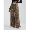 imageWomens Letter Leopard Print Straight Leg Pants Elastic Waist Y2K Trousers Bottoms with PocketsMix Brown