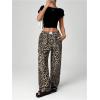 imageWomens Letter Leopard Print Straight Leg Pants Elastic Waist Y2K Trousers Bottoms with PocketsMulticolor