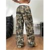 imageWomens Letter Leopard Print Straight Leg Pants Elastic Waist Y2K Trousers Bottoms with PocketsYellow and Green