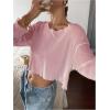 imageWomens Mesh Sheer Tops Drop Shoulder Lettuce Trim Crop Tops Loose Streetwear Long Sleeve Tee Shirt Going Out TopsPink