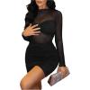 imageWomens See Through Summer Dresses Mock Neck Long Sleeve Mini Dress Party Bodycon Pencil DressesBlack